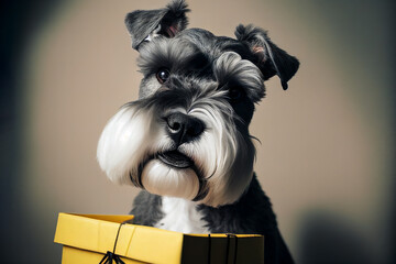 Miniature Schnauzer pet dog portrait which is a popular canine purebred pedigree breed with a carrier bag, computer Generative AI stock illustration image
