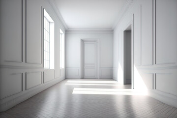 White walls and parquet flooring can be seen in this empty room scenario. Generative AI