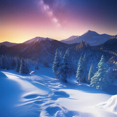 small town lights in the valley with starry sky over snow-covered mountains at night - obrazy, fototapety, plakaty