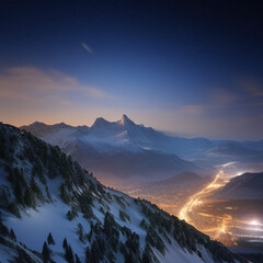 small town lights in the valley with starry sky over snow-covered mountains at night - obrazy, fototapety, plakaty