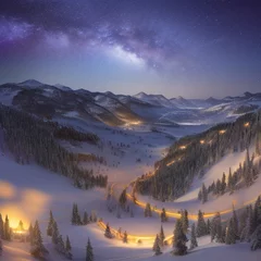 Wall murals Forest in fog small town lights in the valley with starry sky over snow-covered mountains at night