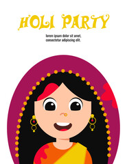 Colorful festival holi. Happy Holi. Traditional celebration. Festive decoration. Party decoration. Indian woman in traditional costume  Postcard design.