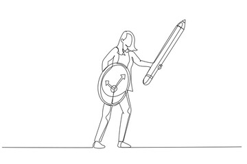 Obraz premium Cartoon of businesswoman using pencil as sword and clock as shield concept of procrastination or time management. Single line art style