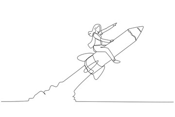 Cartoon of businesswoman riding pencil rocket flying in the sky concept of education. Single continuous line art