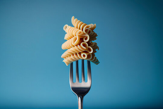 Pasta on fork on blue background. Italian fusilli pasta on culinary fork in minimal style. Food, Italian cuisine concept. Generative Ai image illustration