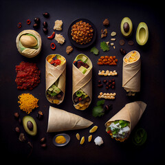 Delicious Mexican burritos, Special sauces and ingredients used to prepare burritos. view from above