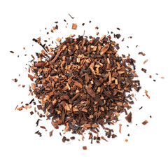 Dried rooibos, bush tea, red tea, redbush tea leaves close up isolated on white background