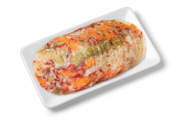  Dish with sliced vegetables in aspic close up isolated on white background