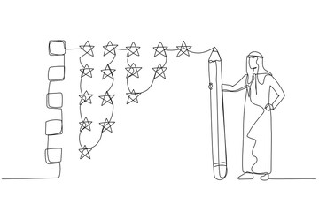 Drawing of businesswoman holding pencil to evaluate star feedback concept of evaluation feedback. Continuous line art