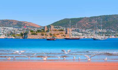 Fototapeta premium Panoramic view of Saint Peter Castle (Bodrum castle) and marina View of Bodrum beach in the foreground - Bodrum, Turkey