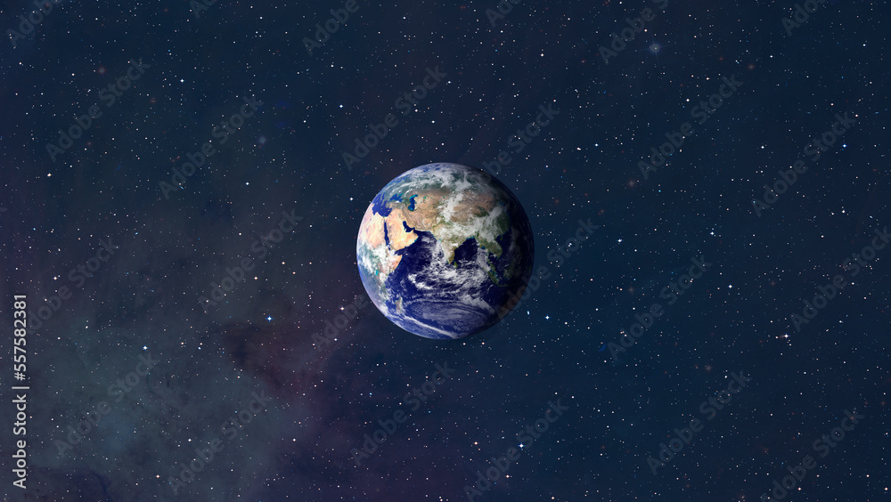 Poster View of Planet Earth from outer space with millions of stars around it.