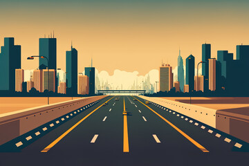 Fototapeta premium Highway traffic from a panoramic angle looking out to infinity. Urban highway is a flat, cartoon style image with vehicles, a city skyline, and a road leading towards the city. Generative AI