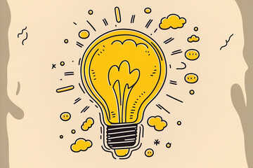 Hand drawn symbol of a lightbulb with an idea. teamwork and brainstorming Eureka icon concept is a great idea. Hand drawn doodle sign. Isolated stock illustration. Generative AI