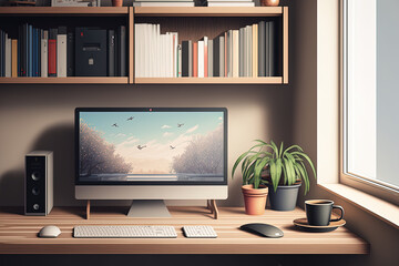 Office space in a minimalistic home or apartment with a computer mockup and accessories next to a window on a wooden table, along with a wooden bookshelf. Generative AI