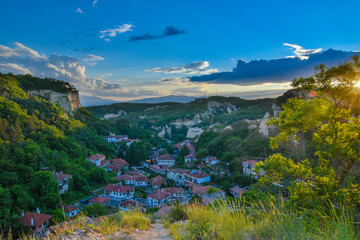 Bulgarian mountain town in the Pirin Mountains at sunset, Melnik Bulgaria