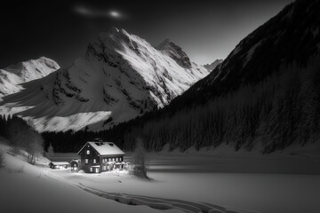 black and white long exposure of a mountain with residences on top. Generative AI