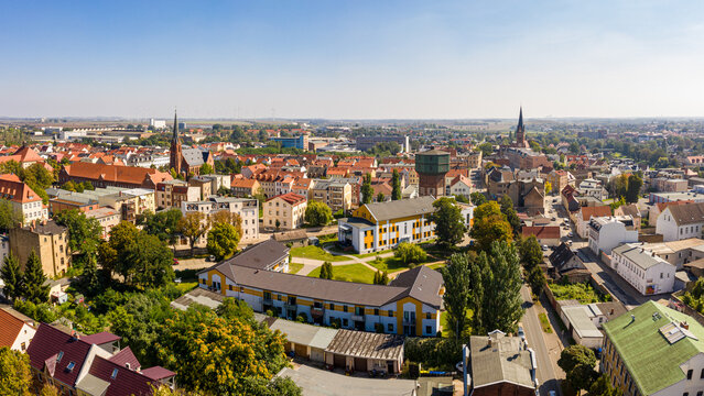 The city of Staßfurt near Magdeburg in the Harz Region from above ( Saxony-Anhalt / Germany )