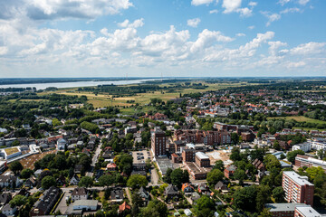 The city of Wedel near Hamburg from above ( Schleswig-Holstein Pinneberg and Elbe River region / Germany )