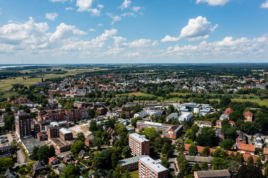 The city of Wedel near Hamburg from above ( Schleswig-Holstein Pinneberg and Elbe River region / Germany )