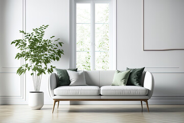couch in a white living room. Scandinavian style in decorating. Generative AI