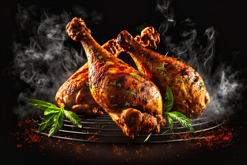 seasoned juicy chicken drumsticks grilled on barbecue with fire and smoke background - obrazy, fototapety, plakaty