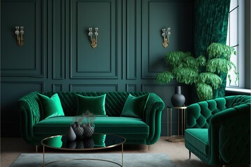 Background living room in green colors. Deep dark emerald wall. Luxury interior design with gray sofas and green cabinets furniture.  Generative AI