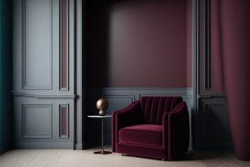 A room reception or living hall with an armchair. Deep burgundy marsala red color. Dark wine velvet maroon and light floor. Generative AI