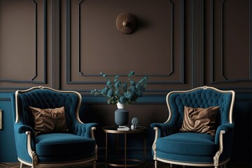 Living room or buisness hall scene in deep dark colors. Combination of blue and chocolate brown. Empty wall blank - navy background and dark beige armchairs. Generative AI