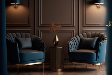 Living room or buisness hall scene in deep dark colors. Combination of blue and chocolate brown. Empty wall blank - navy background and dark beige armchairs. Generative AI