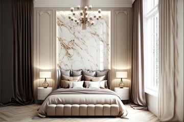 Fototapeta premium Luxurious large bedroom with marble slabs and a bed in the center. Delicate beige colors - ivory, milk, brown, taupe. Generative AI