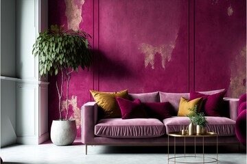 Living room in trend viva magenta color year. A bright sofa accent. Plaster microcement wall background. Crimson, burgundy, tones of room interior design. Generative AI