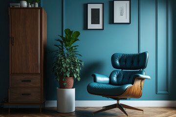 A contemporary mid century living room with a leather armchair and a wood cabinet against a blue wall and a wood floor. Generative AI