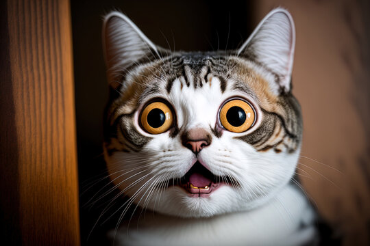 Young, irrational, shocked cat with large eyes up close. American shorthair kitten or cat with shocked comical face and large eyes. Young cat showing signs of surprise and fear. Emotionally shocked, l