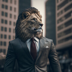 portrait of a tiger in a stylish business suit on the background of a large metropolis, illustration of the boss lion entrepreneur, business picture, ai generated