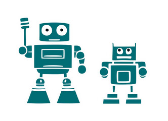 Fototapeta premium Isolated cute funny duo of robots (one taller, one shorter), looking at the viewer. Retro illustration. 