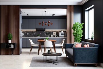 Modern interior design of living room with kitchen and dining room. Luxurious apartment background with contemporary design. Generative AI