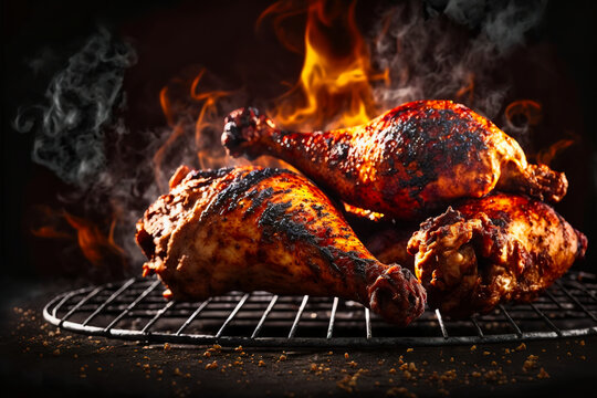 seasoned juicy chicken drumsticks grilled on barbecue with fire and smoke background