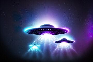 Fototapeta na wymiar UFOs with a blue and purple light beam are alien spacecraft. Generative AI