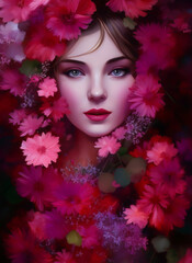 Colorful painting of a beautiful woman's face, Portrait of a beautiful woman with flowers. Generative AI