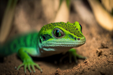 Fototapeta premium Close up of a little, green lizard with a black face lying on the ground. Generative AI