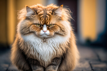 Fluffy and irritable cat outside throughout the day. Generative AI