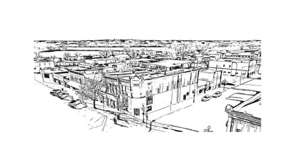 Building view with landmark of Pierre is the capital city of South Dakota. Hand drawn sketch illustration in vector.