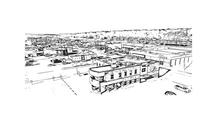 Building view with landmark of Pierre is the capital city of South Dakota. Hand drawn sketch illustration in vector.