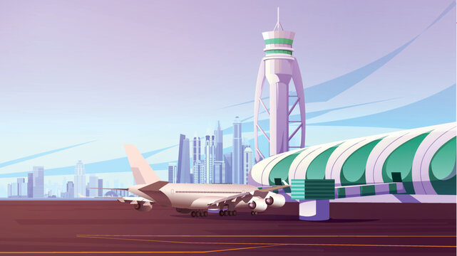 Dubai airport realistic illustration plan skyline background vector
