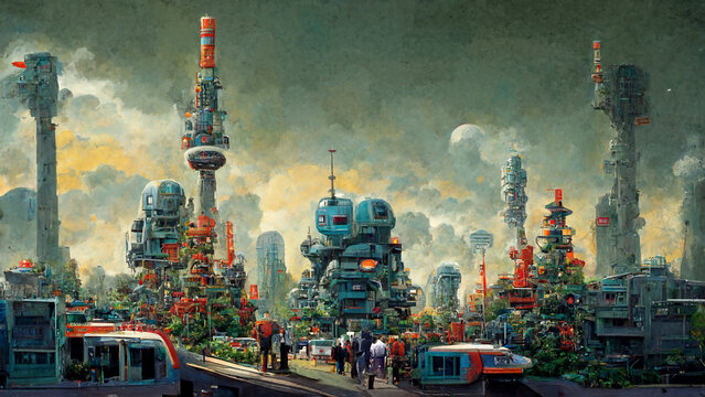 Futuristic cityscape inhabited by robots