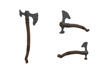 Medieval Viking bearded axe weapon. 3D illustration isolated set of 3 different angles.