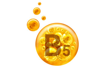  Vitamin B5 capsule. Golden balls with bubbles isolated. Healthy lifestyle concept. - 557589319