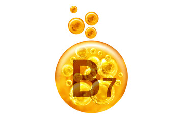  Vitamin B7 capsule. Golden balls with bubbles isolated. Healthy lifestyle concept.