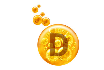  Vitamin D capsule. Golden balls with bubbles isolated. Healthy lifestyle concept.