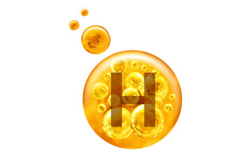  Vitamin H capsule. Golden balls with bubbles isolated. Healthy lifestyle concept.